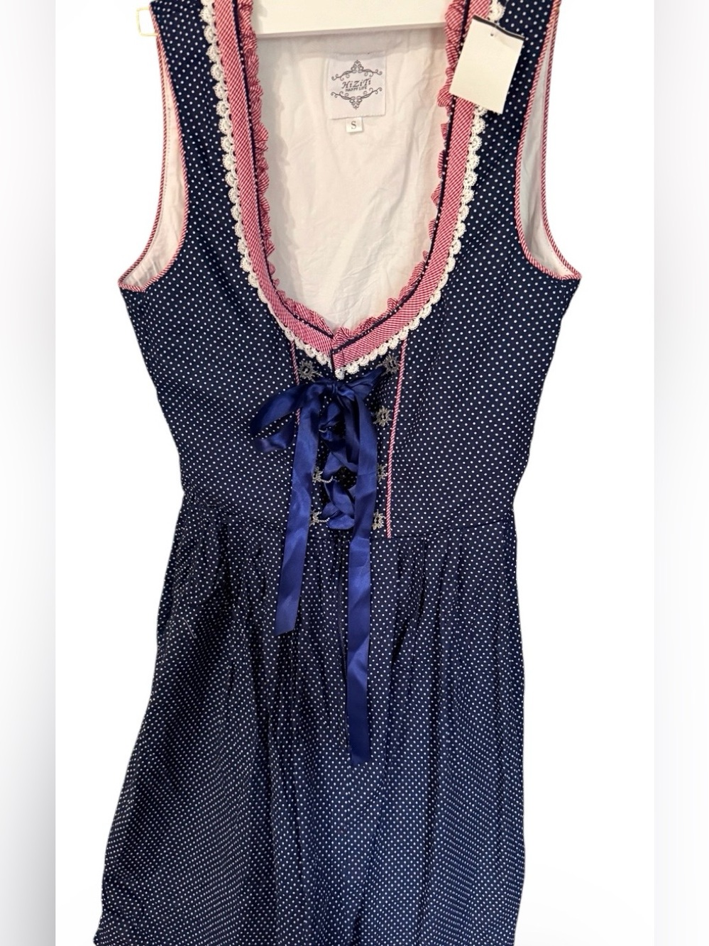 HIZITI Happy Life Octoberfest Dirndl Dress Sz. S Blue Polka Dot Bavarian Costume